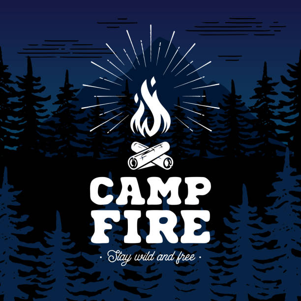 Campfire emblem on forest background Vector illustration. Campfire emblem. Stay wild and free. Vector illustration flame patterns stock illustrations