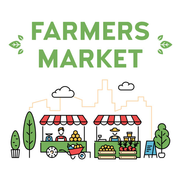 ilustraciones, imágenes clip art, dibujos animados e iconos de stock de vector mercado de productores de la ilustración - farmers market illustrations