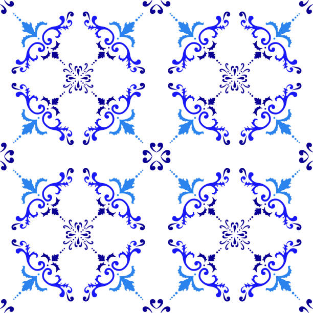 벡터 타일 패턴, 리스본 아랍어 꽃 모자이크, 지중해 원활한 네이 비 블루 장식 - textile blue leaf paisley stock illustrations
