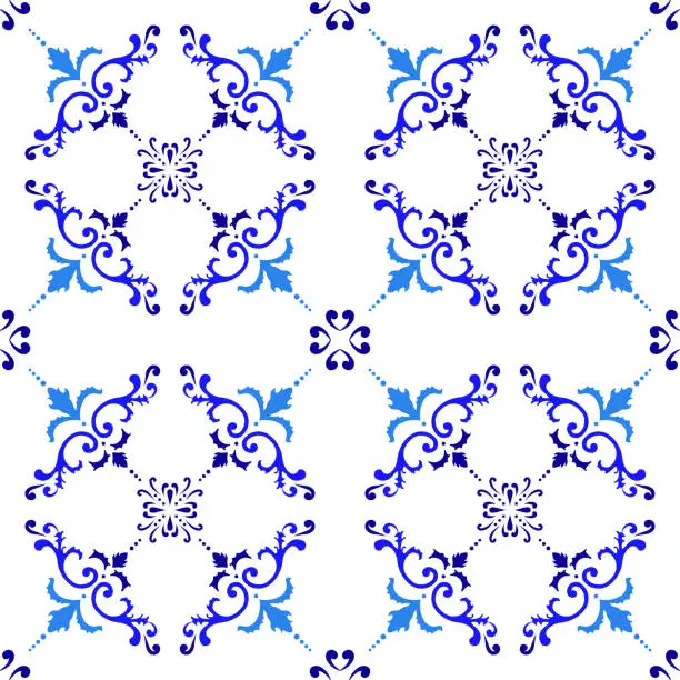 Vector illustration of Vector tile pattern, Lisbon Arabic Floral Mosaic, Mediterranean Seamless Navy Blue Ornament