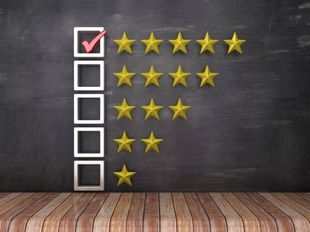 sondage de rétroaction avec des étoiles sur le fond de tableau-rendu 3d - conformity checklist business success photos et images de collection