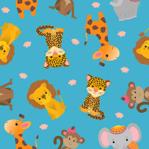 Cute African animals seamless pattern. Cheetah, leopard, lion, giraffe, monkey, jaguar. Cute African animals seamless pattern. Cheetah, leopard, lion, giraffe, monkey, jaguar. Funny cartoon characters. Children surface design, textile fabric, paper print. Wallpaper, backdrop, background. cute cheetah print cartoon stock illustrations