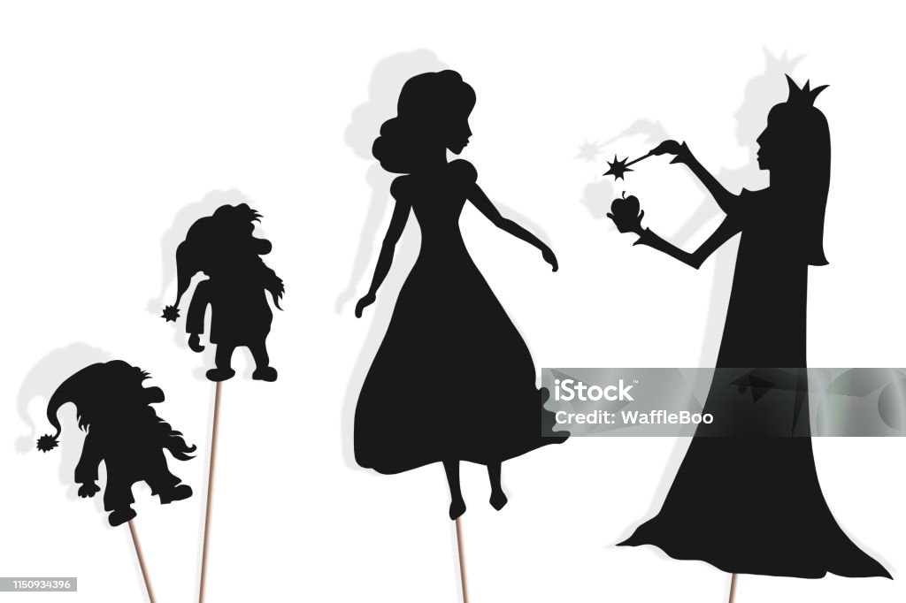 Shadow puppets of Snow White, dwarfs and Evil Queen, isolated. Shadow puppets of Snow White, dwarfs and Evil Queen with poisonous apple. Snow White and the Seven Dwarfs storytelling. Isolated on white background. Dwarf - Folkore stock illustration
