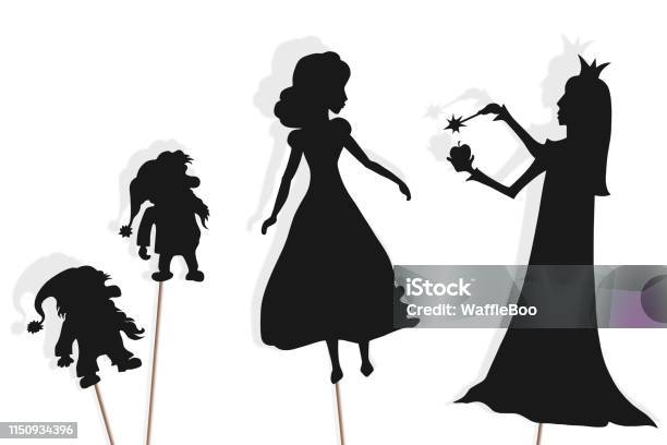 Shadow Puppets Of Snow White Dwarfs And Evil Queen Isolated Stock Illustration - Download Image Now