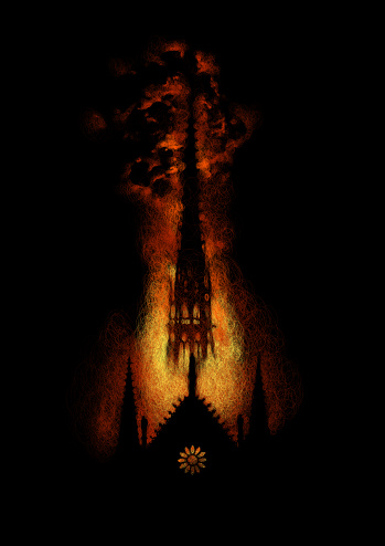 illustration front silhouette of burning Notre Dame in april 2019 
paris france