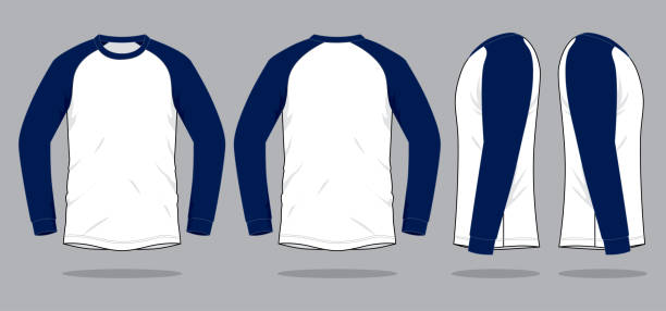 Long Sleeve T-Shirt Design Vector (white / Navy Blue) Front, Back and Side View slopestyle stock illustrations