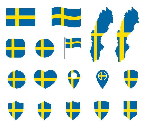 ilustraciones, imágenes clip art, dibujos animados e iconos de stock de suecia bandera iconos establecidos, bandera nacional del reino de suecia - rutabaga