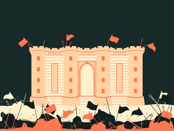 illustrations, cliparts, dessins animés et icônes de forteresse bastille. la bataille pour le château. champ de bataille médiéval. drapeaux, épées, lances et flèches. illustration vectorielle - banner backgrounds medieval history