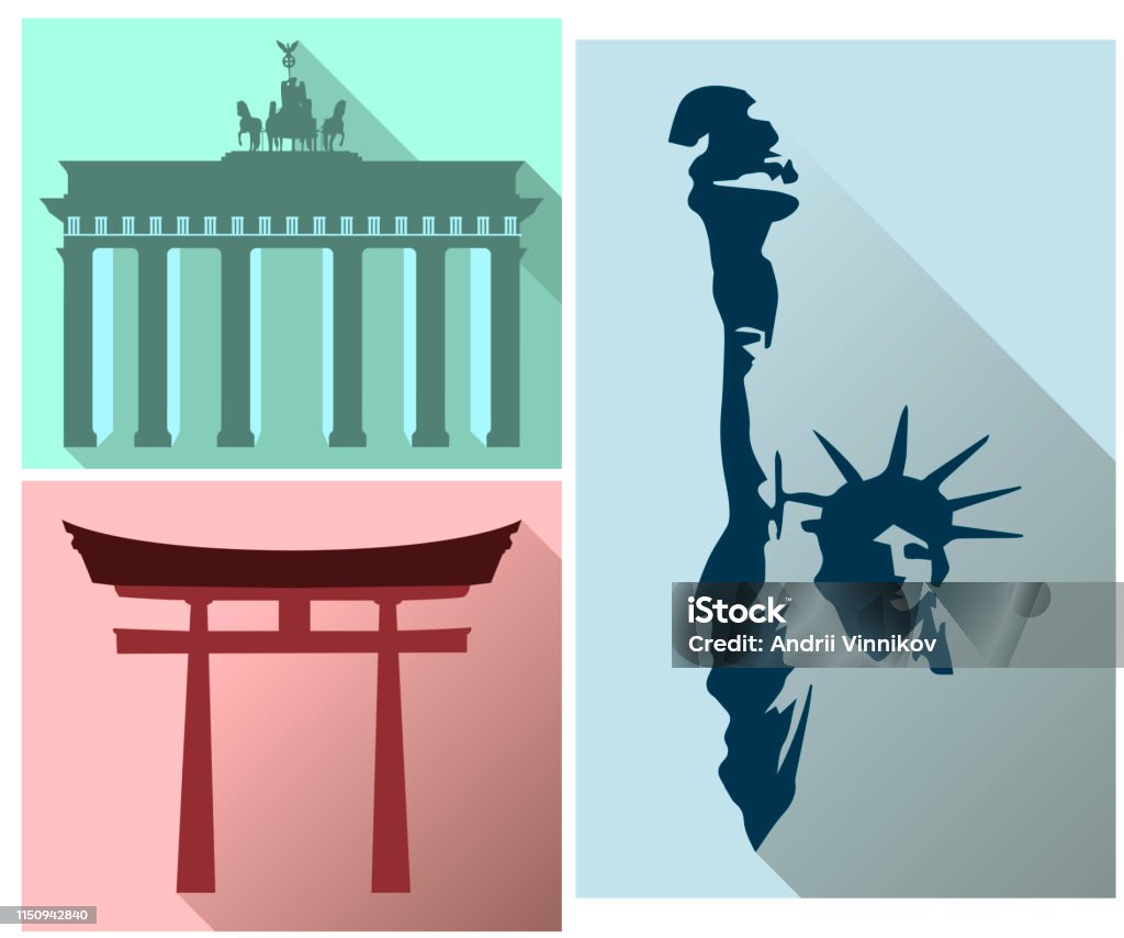 Set sights and symbols of different countries. The Statue of Liberty. Brandenburg Gate. Japan Gate. Flat icon set. Berlin stock vector