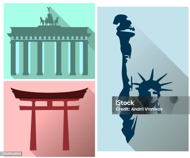 Set Sights And Symbols Of Different Countries The Statue Of Liberty Brandenburg Gate Japan Gate Flat Icon Set Stock Illustration - Download Image Now