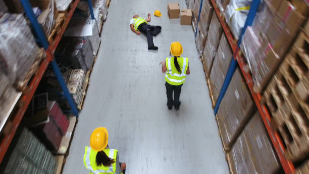 istock Dangerous accident during work. Warehouse aerial view 1150944734