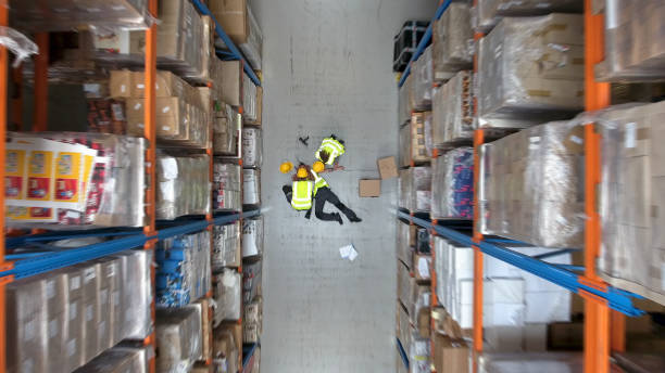 istock Dangerous accident during work. Warehouse aerial view 1150944860
