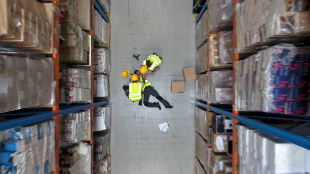 istock Dangerous accident during work. Warehouse aerial view 1150944914