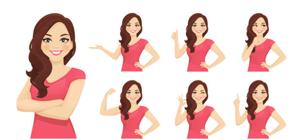 Woman different gestures Smiling beatiful woman with curly hairstyle set with different gestures isolated brown hair stock illustrations