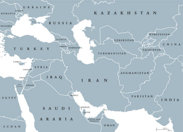 südwestasien graue politische landkarte - naher und mittlerer osten stock-grafiken, -clipart, -cartoons und -symbole