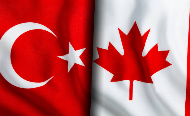 istock Turkish and Canadian flags standing side by side 1150946936