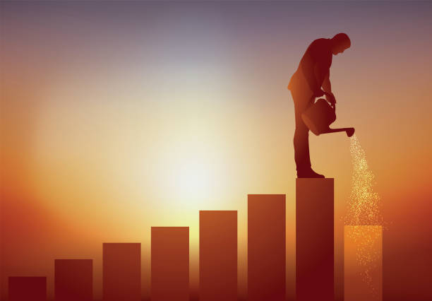 Concept of professional evolution with a man who cultivates his career plan by watering the walk that will allow him to move forward. Concept of career development and progression on the social ladder with a man who climbs little by little, a staircase by watering the next step to allow him to reach the place of leader. prosperity stock illustrations