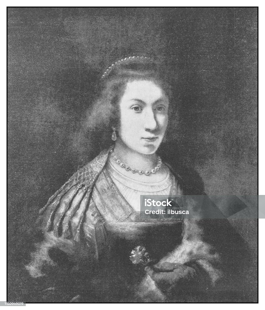 Antique illustration: Saskia van Uylenburgh, wife of painter Rembrandt 19th Century stock illustration