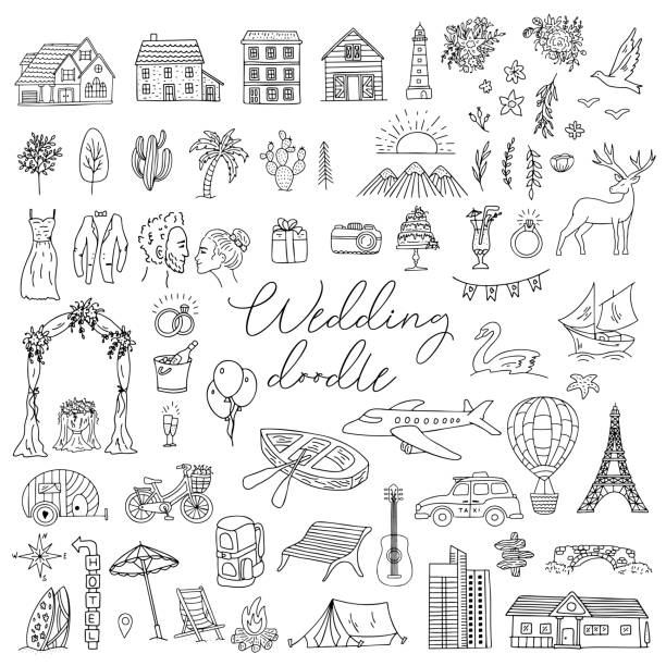 Doodle wedding icon set with decorative elements Doodle wedding icon set with decorative elements - marriage, bride and groom, rings and other symbols for invitation cards. Vector illustration valentine symbols cartoon stock illustrations