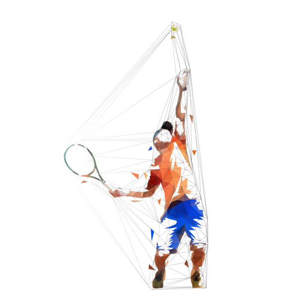 tennisspieler servierball, niedrige poly-vektor-illustration. geometrische mann, der tennis spielt. individueller sommersport. aktive menschen - forehand stock-grafiken, -clipart, -cartoons und -symbole