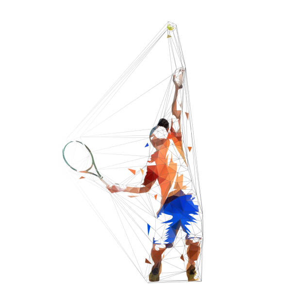 tenisista serwujący piłkę, niska ilustracja wektorowa poli. geometryczny człowiek grający w tenisa. indywidualny sport letni. aktywni ludzie - racket sport obrazy stock illustrations