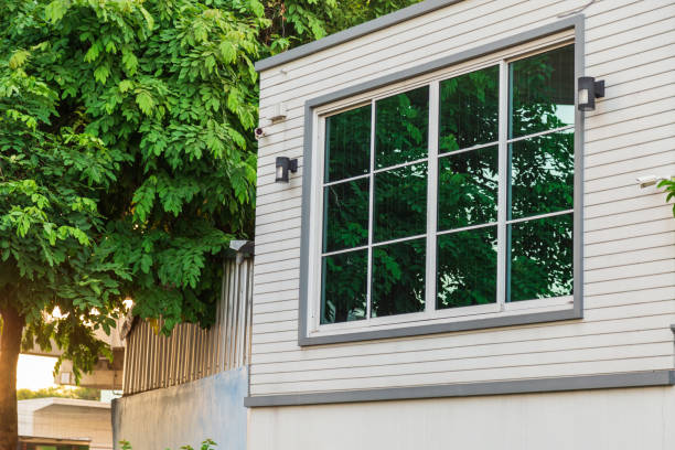 istock Glass window on white wooden wall with tree 1150952901