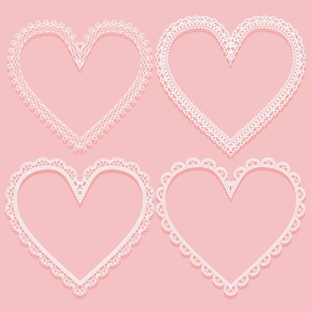 Set of openwork white frames in the shape of lace hearts. Design elements on pink background. Vector illustration Set of openwork white frames in the shape of lace hearts. Design elements on pink background. Vector illustration lace doily crochet craft product stock illustrations