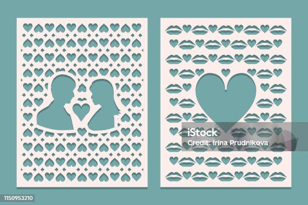Set Of Die Laser Cutting Panels With Openings In The Form Of Silhouettes For Valentines Day May Be Used For Laser Cut Openwork Background Stock Illustration - Download Image Now