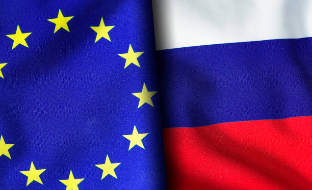 istock European union and Russian flags standing side by side 1150954012