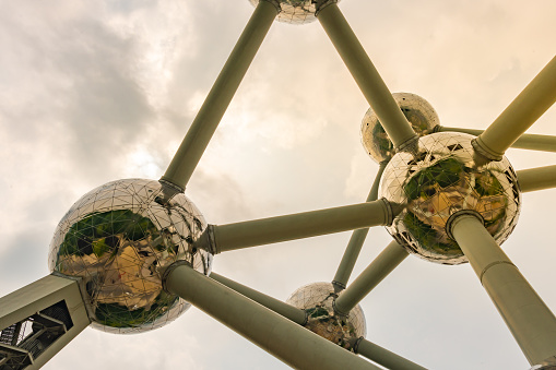 Brussels, Belgium - May 19 2019: Detail of the Atomium building in Brussels constructed in 1958
