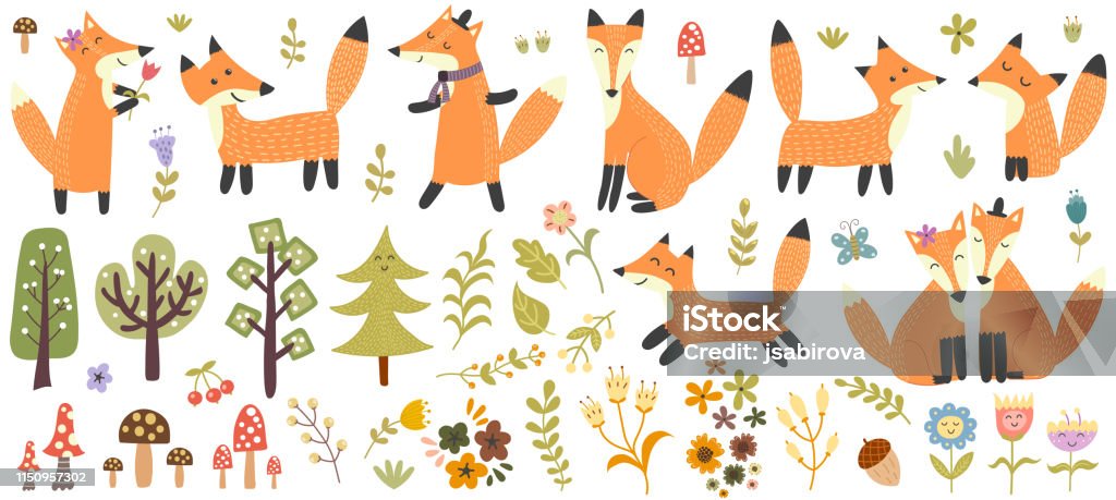 Big set of cute foxes, trees and plants. Forest elements collection Big set of cute foxes, trees and plants. Forest elements collection. Vector illustration Fox stock vector