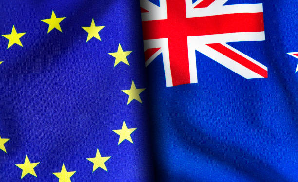 istock European union and Australian flags standing side by side 1150957326