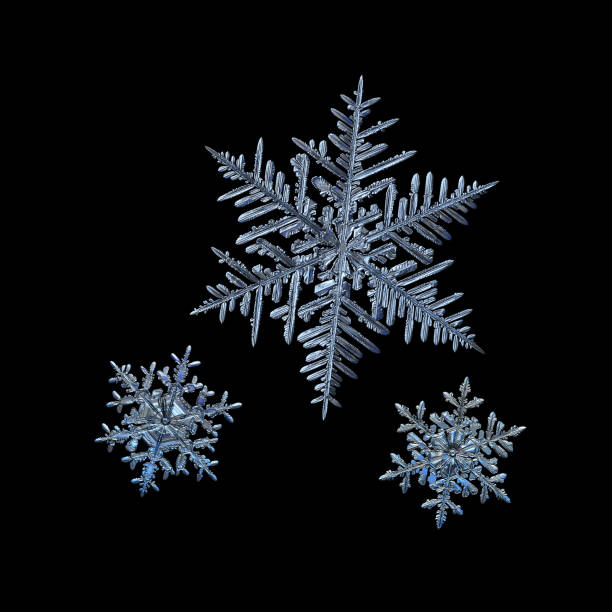 Three snowflakes isolated on black background stock photo