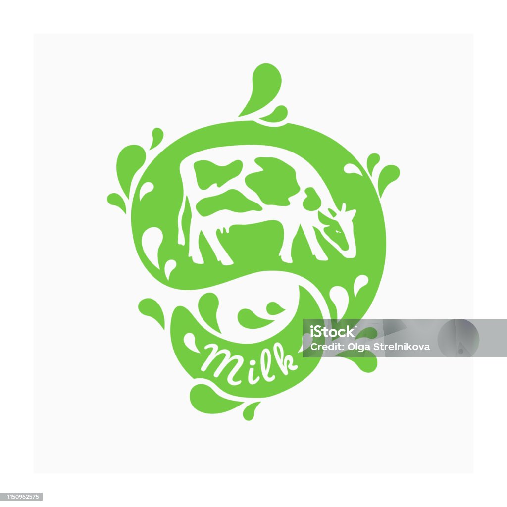 Sign for milk with cow Symbol for dairy company with drops and splashes of milk. Green icon for organic drink. Sign with cow for natural farmers product. Label for bio lactic beverage. Vector illustration with farm animal. Abstract stock vector