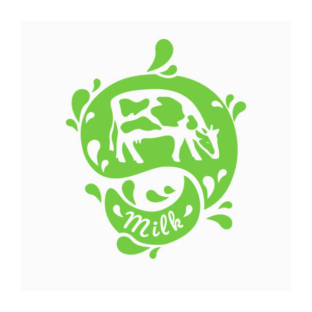 Sign for milk with cow Symbol for dairy company with drops and splashes of milk. Green icon for organic drink. Sign with cow for natural farmers product. Label for bio lactic beverage. Vector illustration with farm animal. naming organic compounds stock illustrations