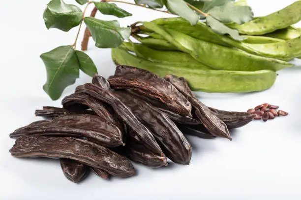 Photo of Carob molasses and carob pods (harnup) on white background.