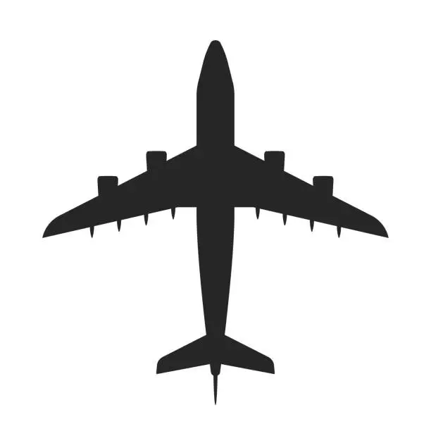 Vector illustration of Plane silhouette icon. Top view. Aircraft, passenger plane with four jet engines.