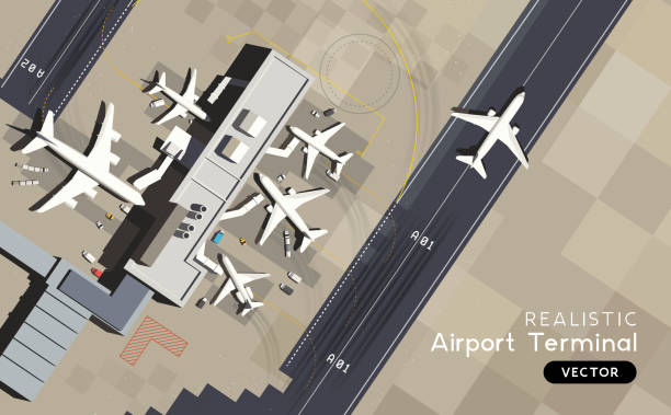 illustrazioni stock, clip art, cartoni animati e icone di tendenza di vista aerea - terminal aeroportuale con pista e aerei - terminal aeroportuale