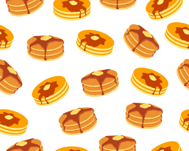 illustrazioni stock, clip art, cartoni animati e icone di tendenza di modello senza cuciture di pancake con burro e sciroppo d'acero dolce su sfondo bianco - pancake