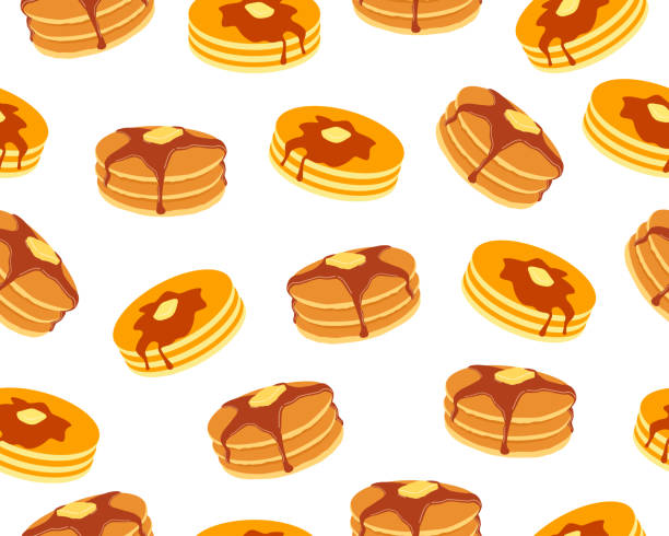 버터와 메이플 시럽 팬케이크의 완벽 한 패턴 흰색 바탕에 달콤한 - 팬케이크 stock illustrations