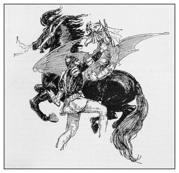 골동품 그림: 동화 - dragon fantasy knight warrior stock illustrations