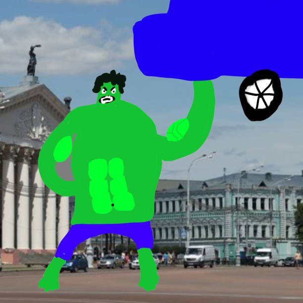 Big, green monster, picked up the car with one hand