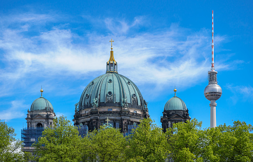 BERLIN,GERMANY-25 APRIL,2019: Berlin Cathedral or Evangelical Supreme Parish and Collegiate Church located on Museum Island in Mitte borough.Popular tourist attraction in Germany.