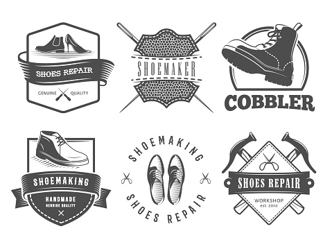 Shoes repair logos. Vector badges for cobbler or shoemaker shop. Labels with shoes, boots and shoemaking tools