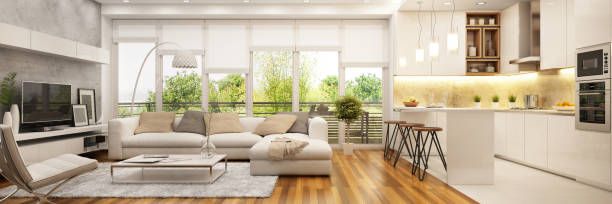 modern kitchen and living room - home interior contemporary window indoors imagens e fotografias de stock
