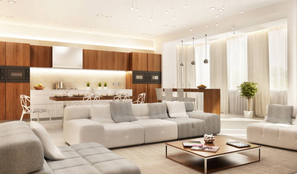 istock Modern kitchen and large living room 1150973397