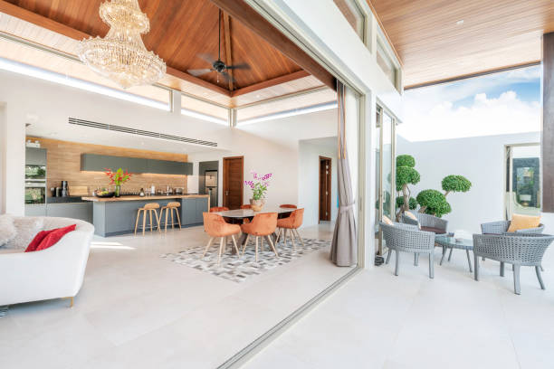Interior Of Kitchen, Dining Area And Lounge Of Modern Open Plan Home