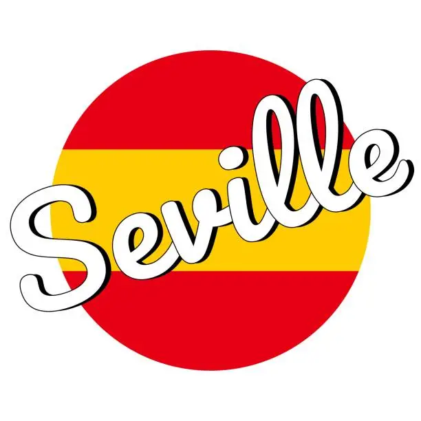 Vector illustration of Round button Icon of national flag of Spain with red and yellow colors and inscription of city name: Seville in modern style. Vector EPS10 illustration.