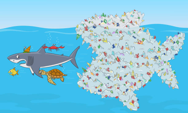 플라스틱 폐기물로 구성 된 물고기. 해양 플라스틱 오염을 중지 합니다. 벡터 아트 일러스트