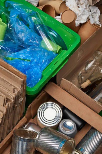 istock sorted trash of cardboard, glass and plastic bottles, polyethylene, cups, iron cans 1150978148